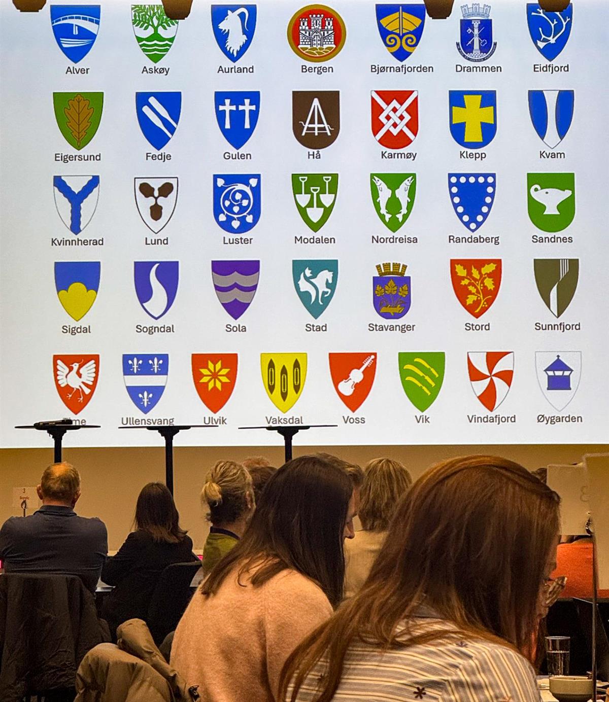 Alle kommunane med kommunevåpen lista på skjermen på scena - Klikk for stort bilete
